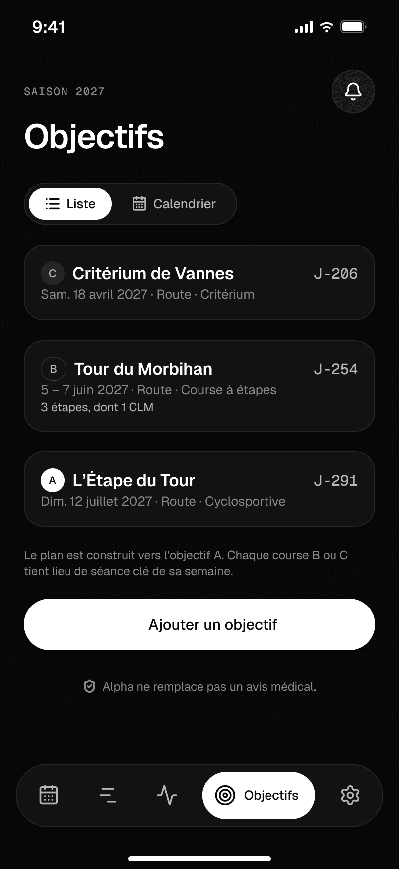 Les objectifs de la saison sur téléphone, du Critérium de Vannes à L’Étape du Tour.
